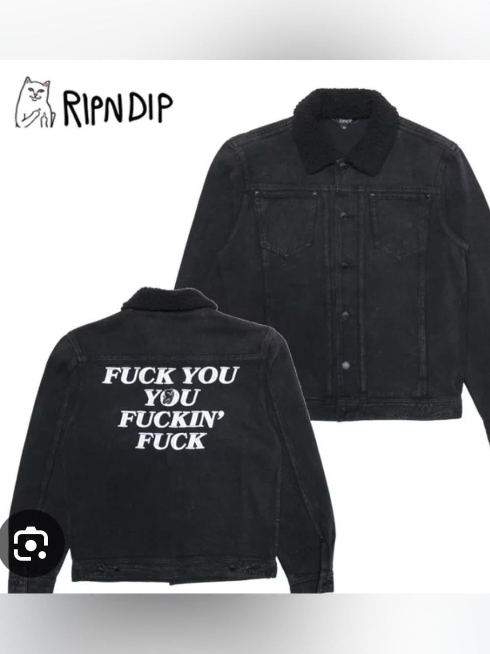 Ripndip Black Denim Sherpa Collar Jacket with White Back Graphic